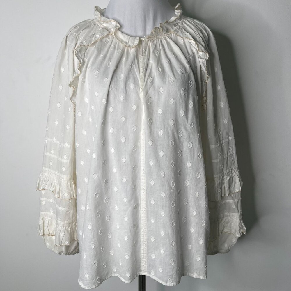 Hoss Intropia Women's White Ruffle Long Sleeve Geometric Pattern Blouse Size 6